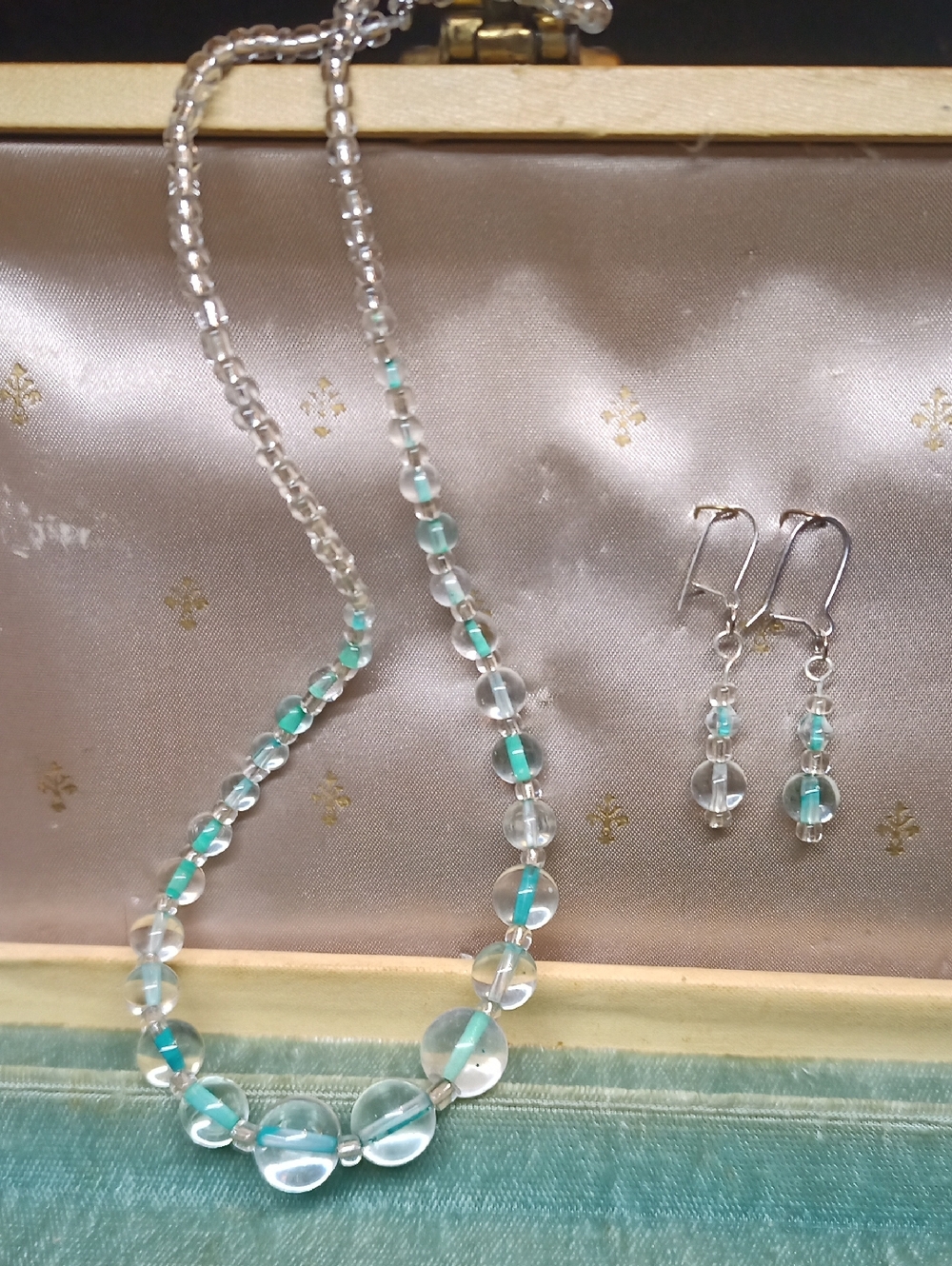 Clear and Aqua Glass Bead Necklace and Earring Set